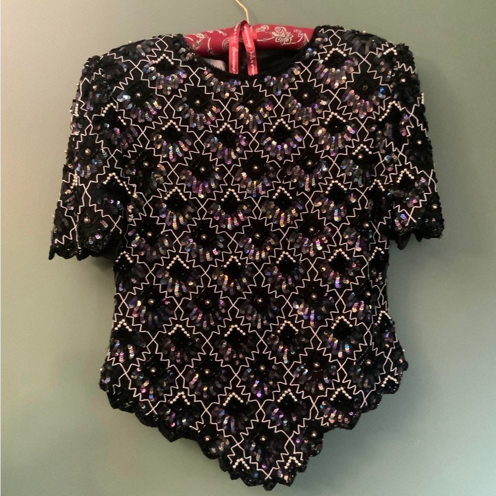 Laurence Kazar Black and White Sequin Embellished Blouse